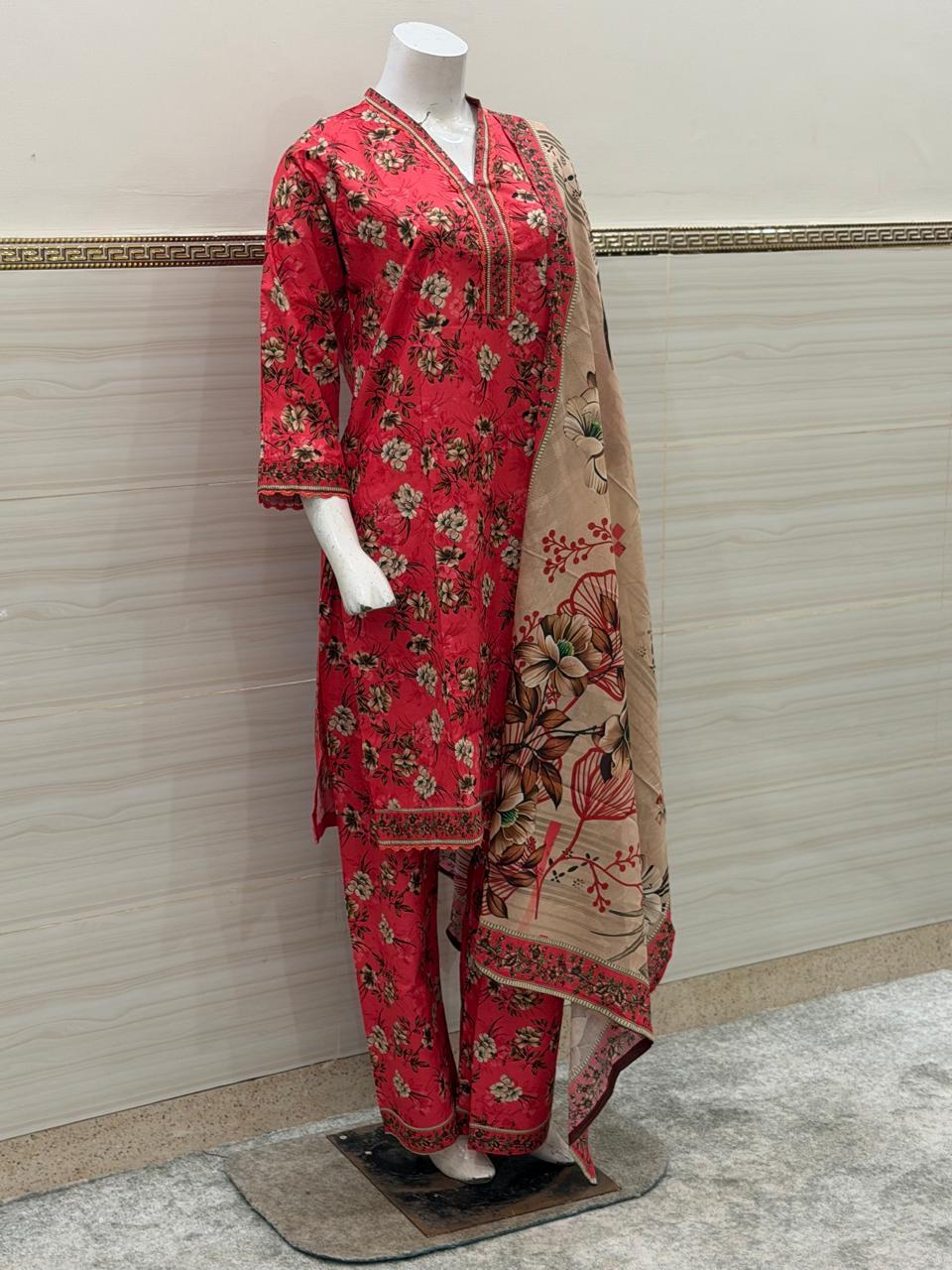 Vibrant Floral 3-Piece Lawn Suit – Rose Red & Cream