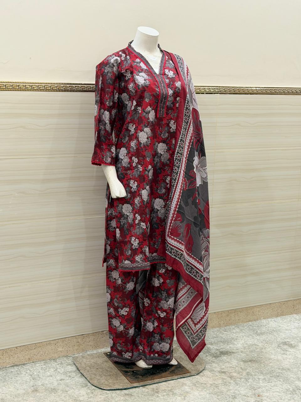 Midnight Bloom 3-Piece Floral Suit – Maroon & Charcoal Grey