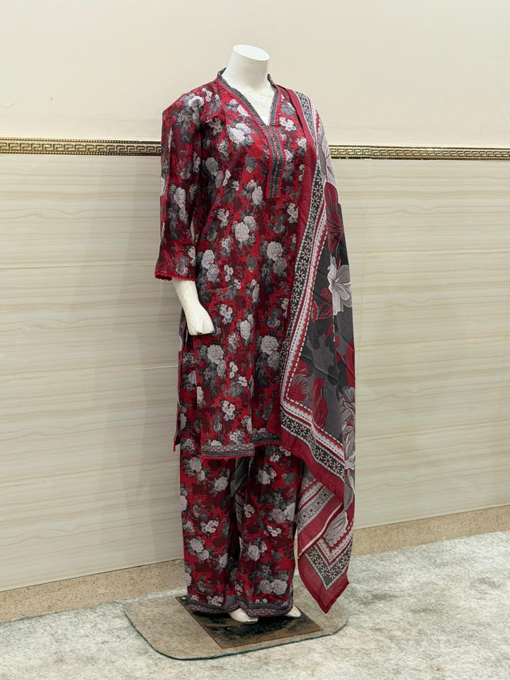 Midnight Bloom 3-Piece Floral Suit – Maroon & Charcoal Grey