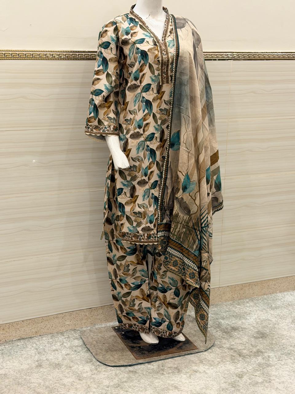 Earthy Teal & Olive Foliage 3-Piece Suit