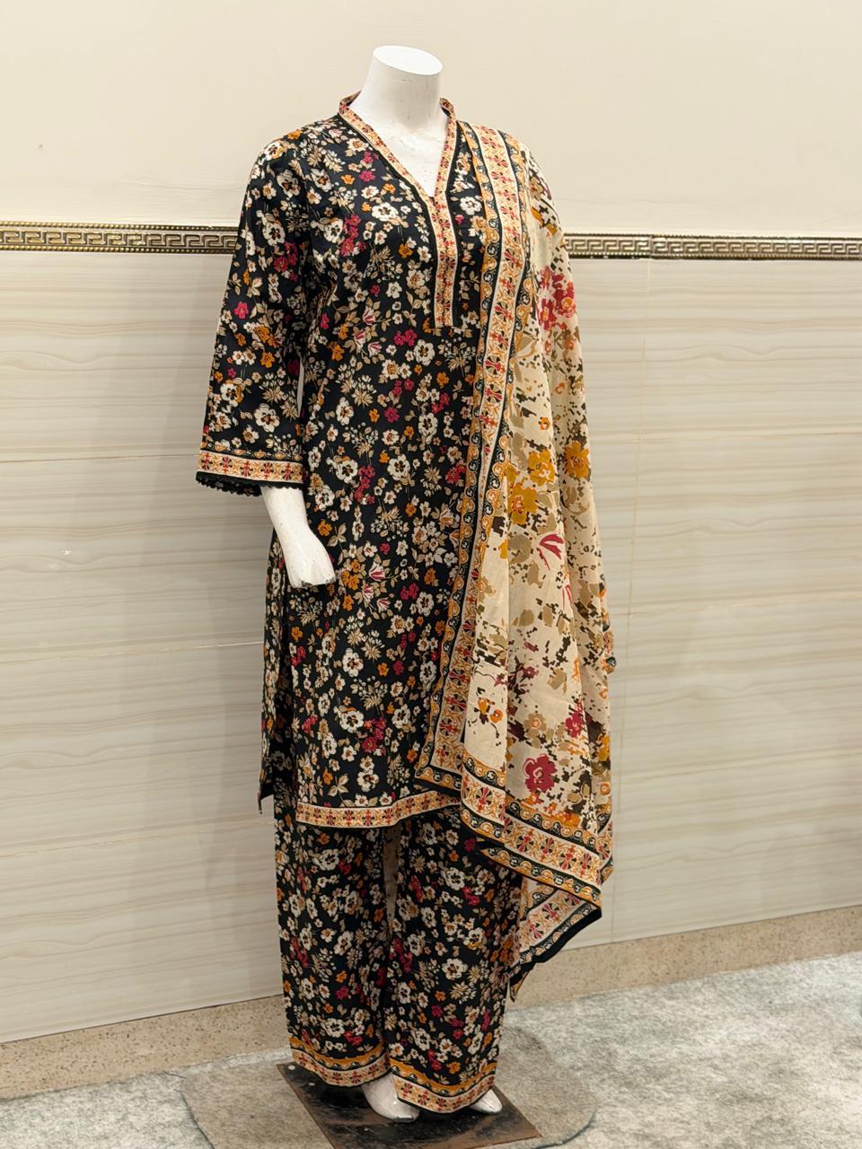 Midnight Noir Floral 3-Piece Suit (Black & Amber)