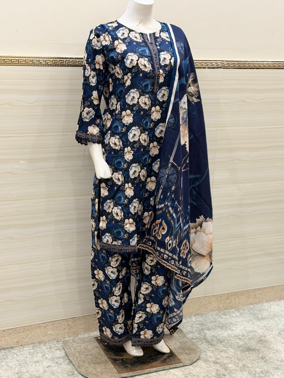 Indigo Bloom 3-Piece Floral Suit (Navy & Cream)