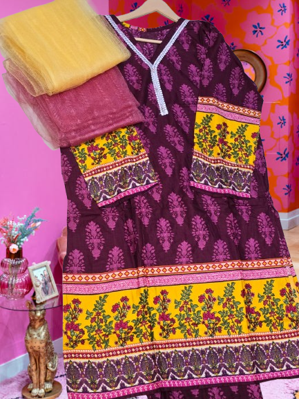 Plum Heritage & Mustard Bloom 3-Piece Block-Print Set