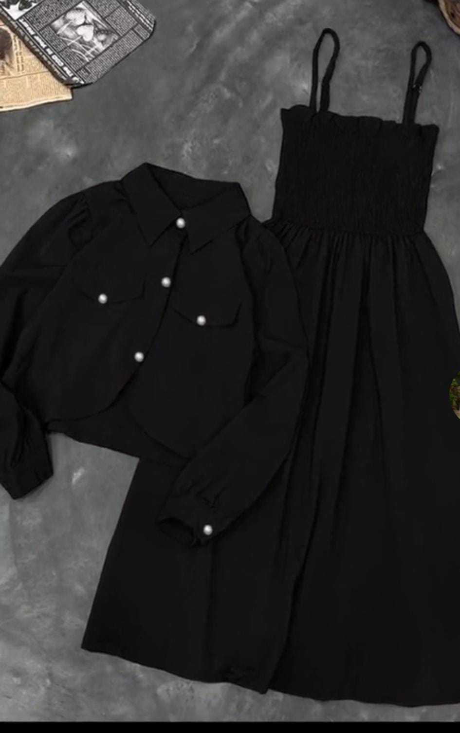 Midnight Pearl Two-Piece Set – Cropped Jacket & Smocked Midi Dress