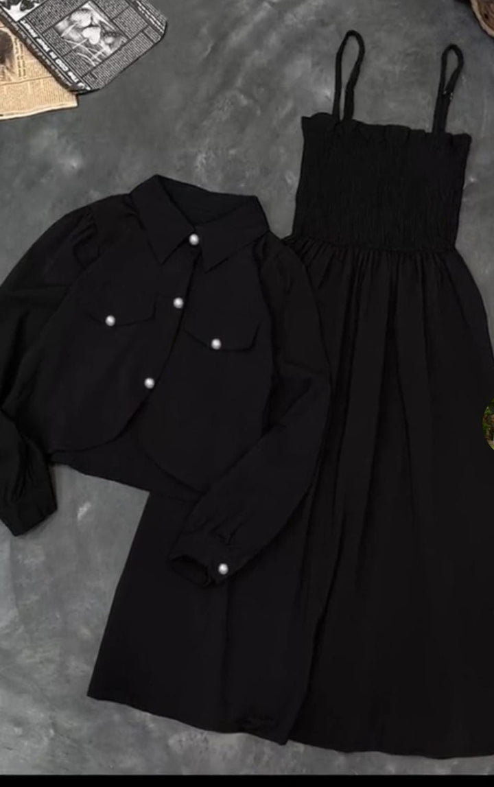 Midnight Pearl Two-Piece Set – Cropped Jacket & Smocked Midi Dress