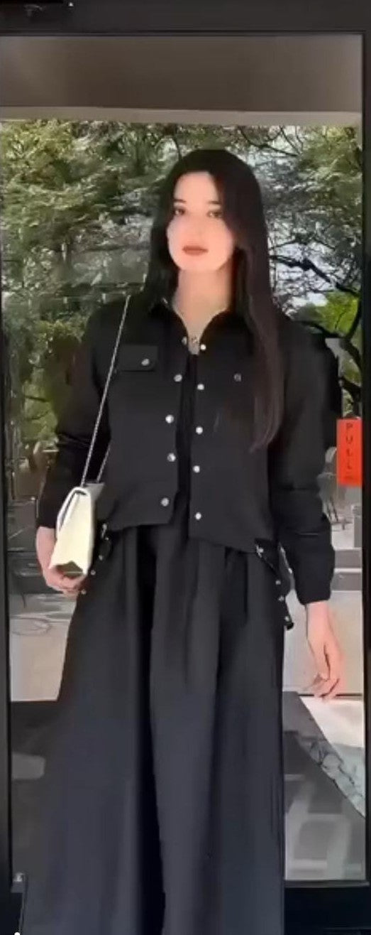 Midnight Pearl Two-Piece Set – Cropped Jacket & Smocked Midi Dress