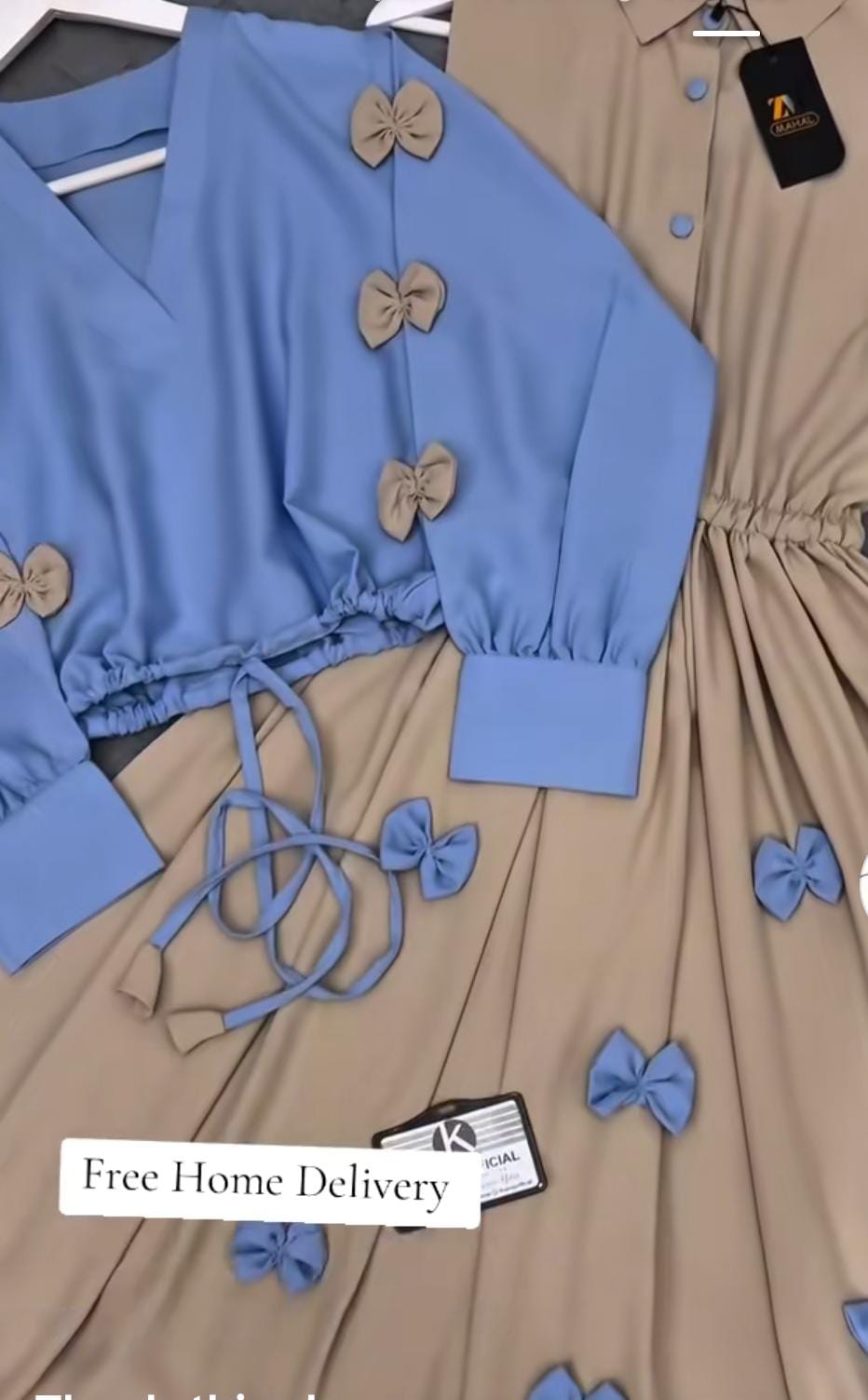 Sky & Sand Bow Ensemble – Drawstring Blouse & Button-Down Midi Dress Set