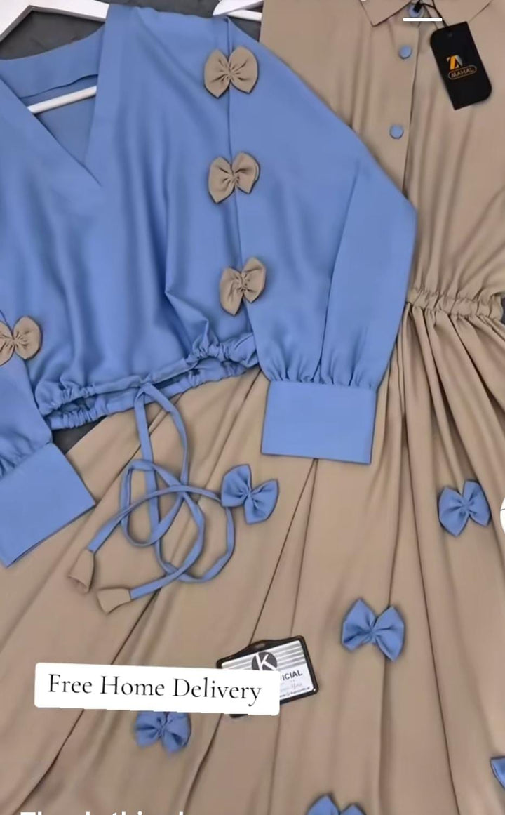 Sky & Sand Bow Ensemble – Drawstring Blouse & Button-Down Midi Dress Set