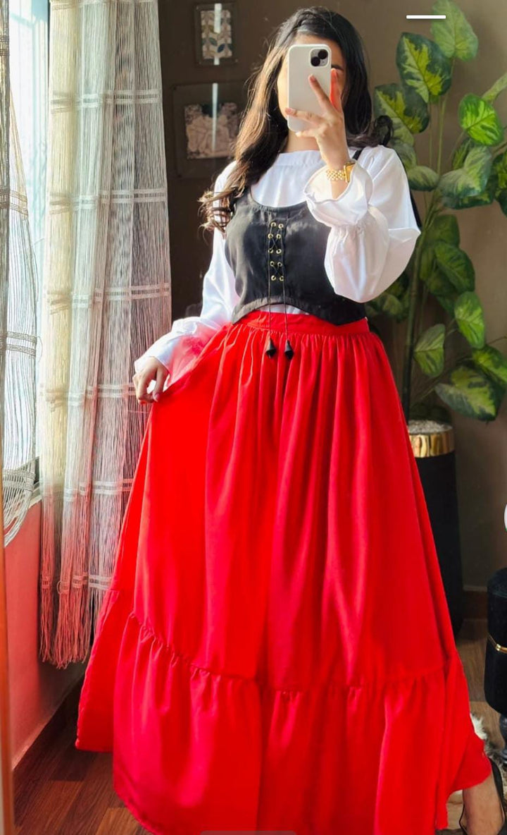 Crimson Harvest Three-Piece Set – Corset Vest, Puff-Sleeve Blouse & Tiered Maxi Skirt