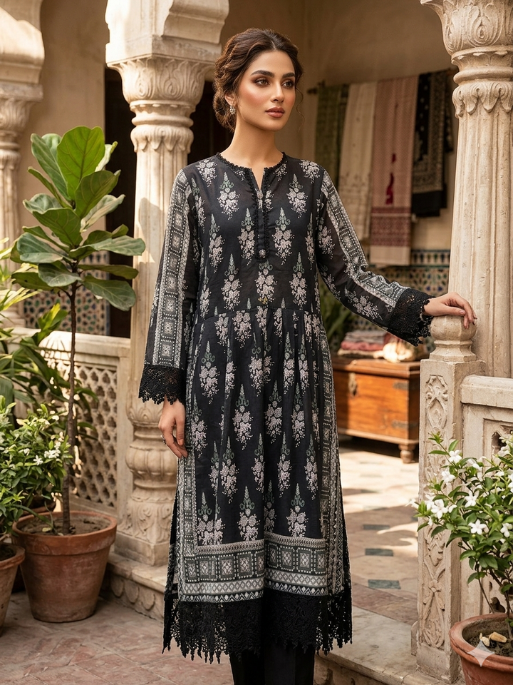 Onyx Shadow – Ornate Lace-Work Premium Lawn Kurta