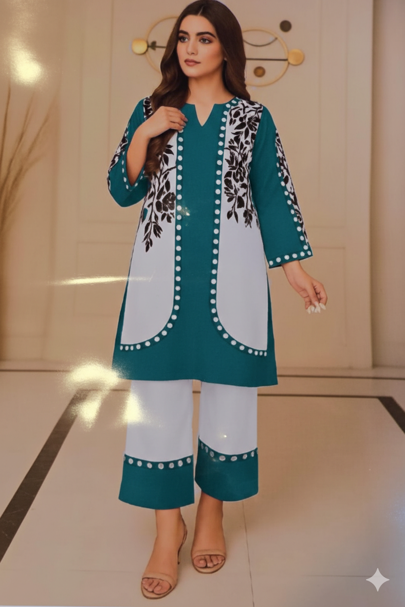 Deep Violet & White Contrast Appliqué Kurta Set