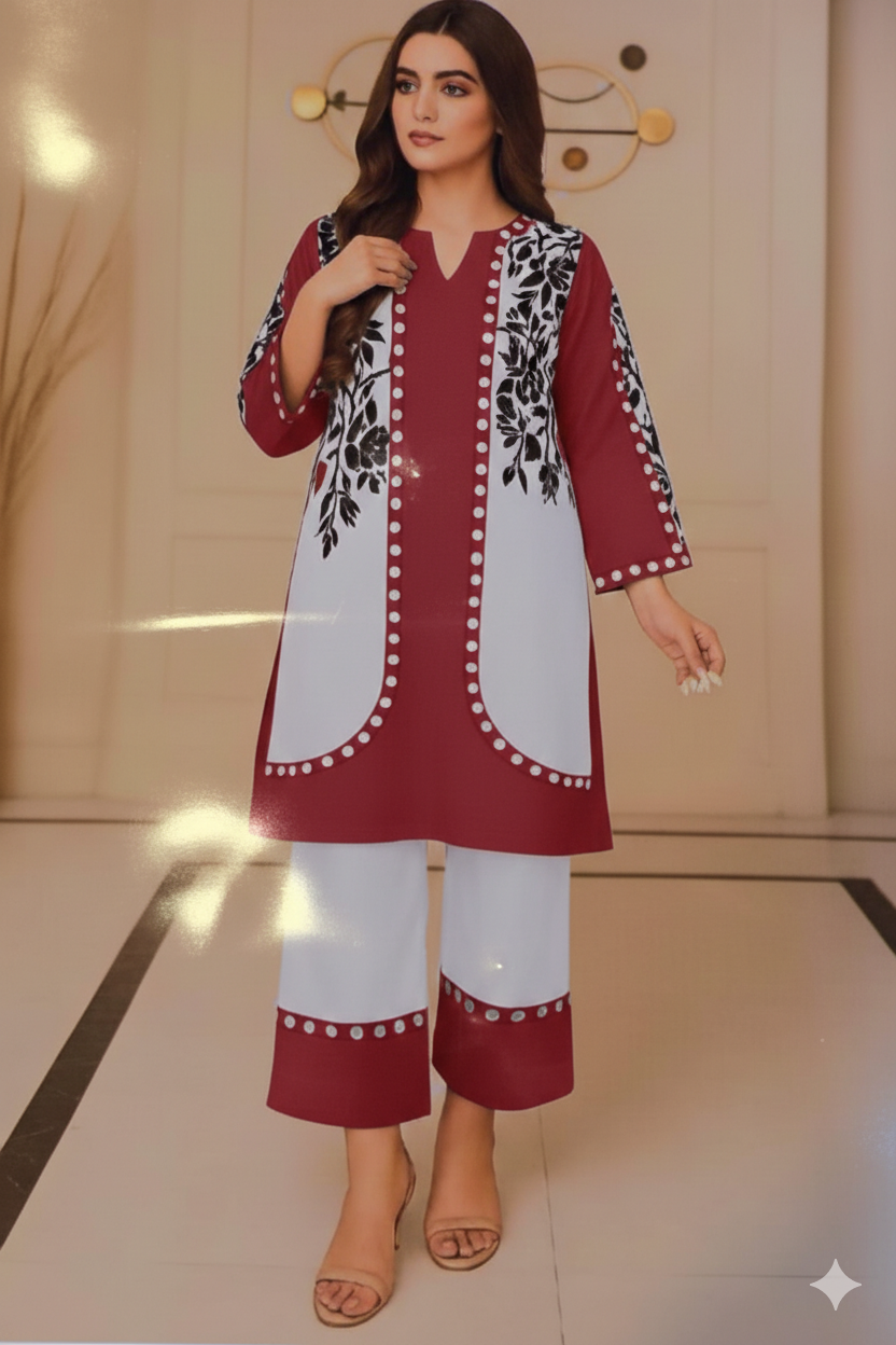 Deep Violet & White Contrast Appliqué Kurta Set