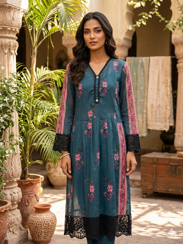 Oceanic Teal – Lace-Appliqué Luxury Lawn Kurta