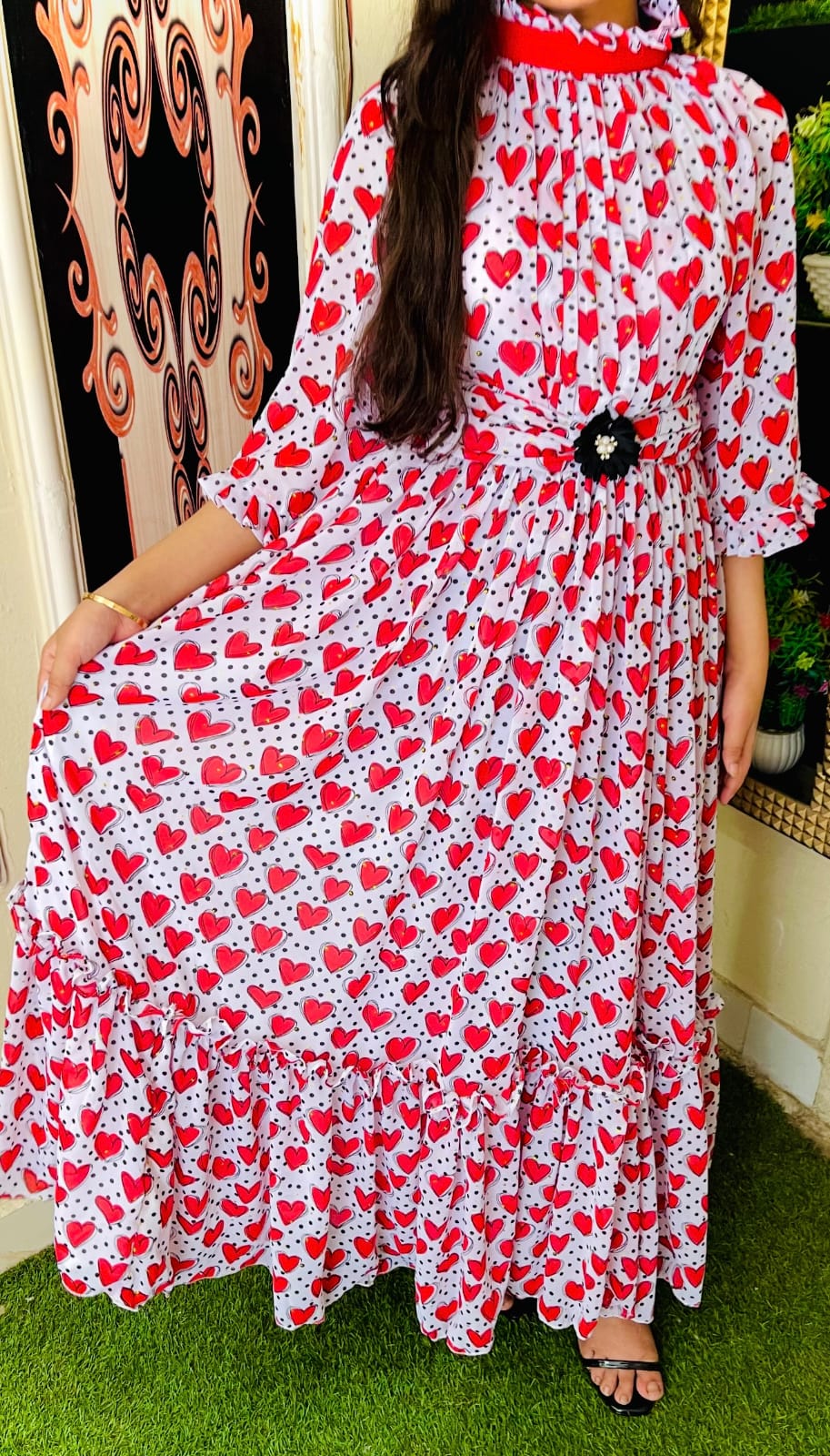 Heart-Print Chiffon Maxi Dress