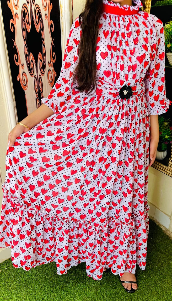 Heart-Print Chiffon Maxi Dress