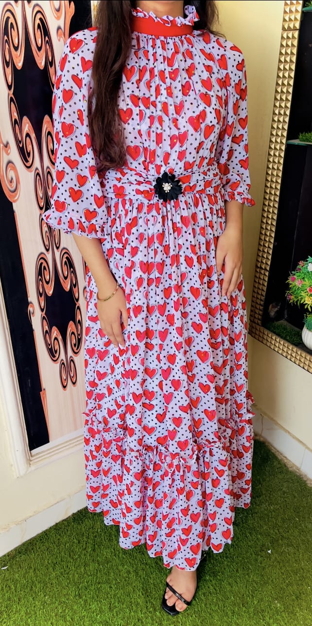 Heart-Print Chiffon Maxi Dress