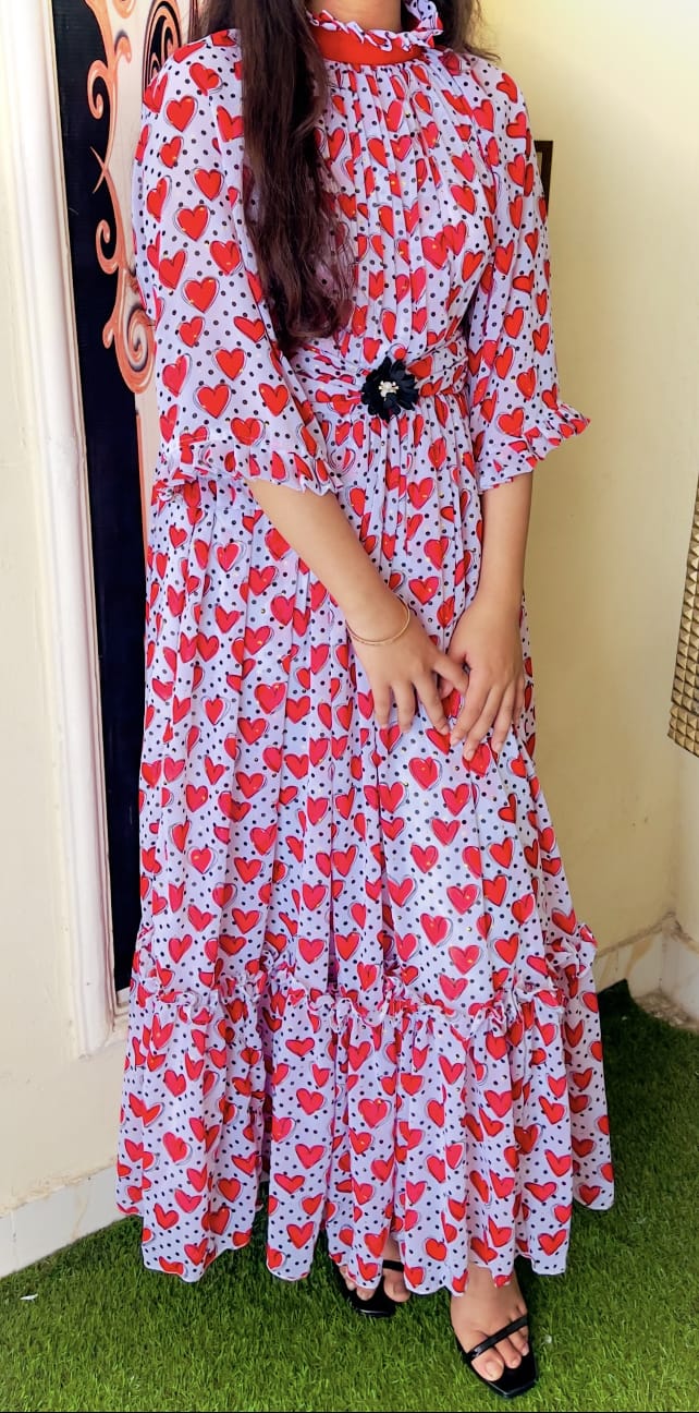 Heart-Print Chiffon Maxi Dress