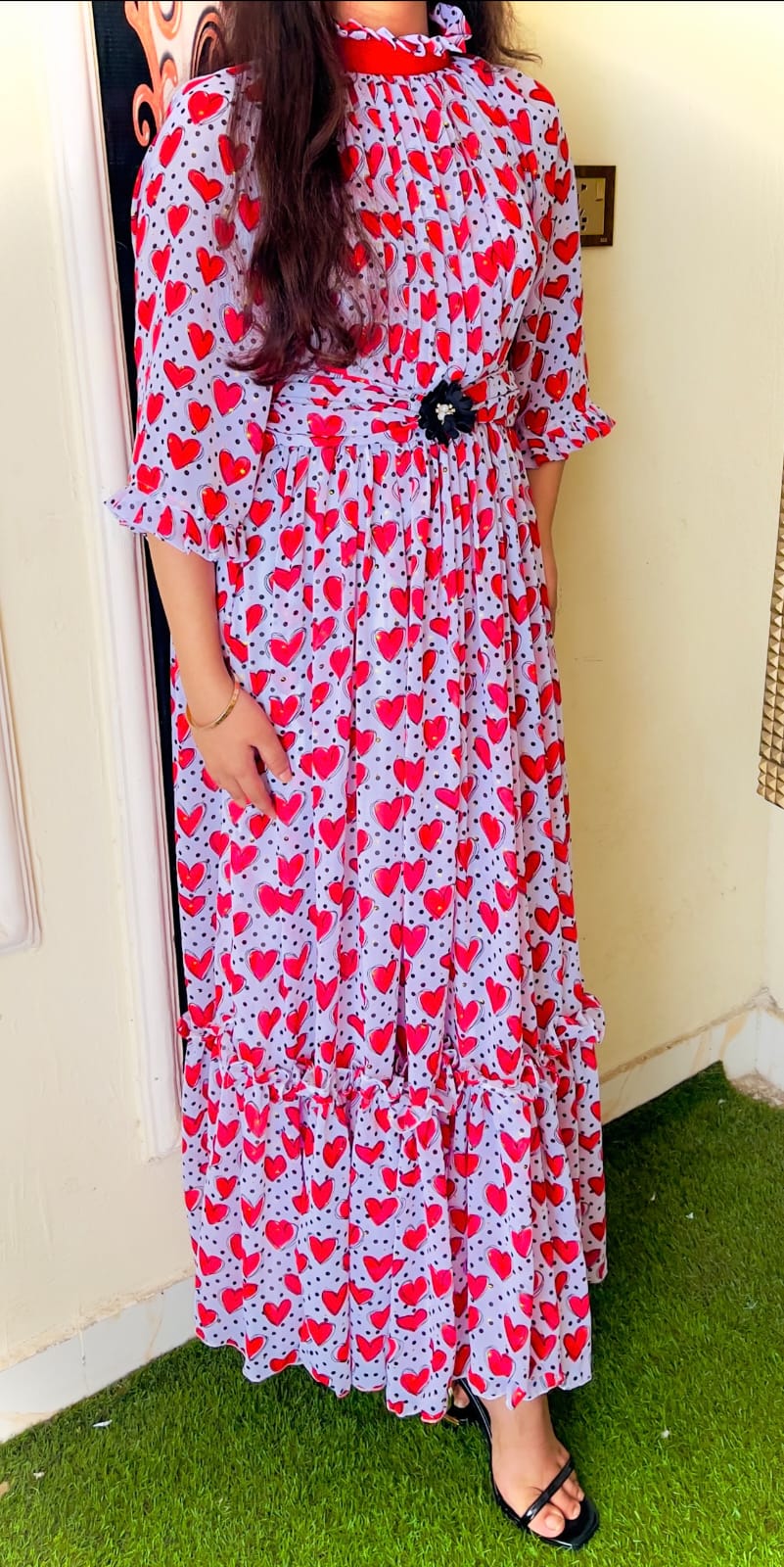 Heart-Print Chiffon Maxi Dress