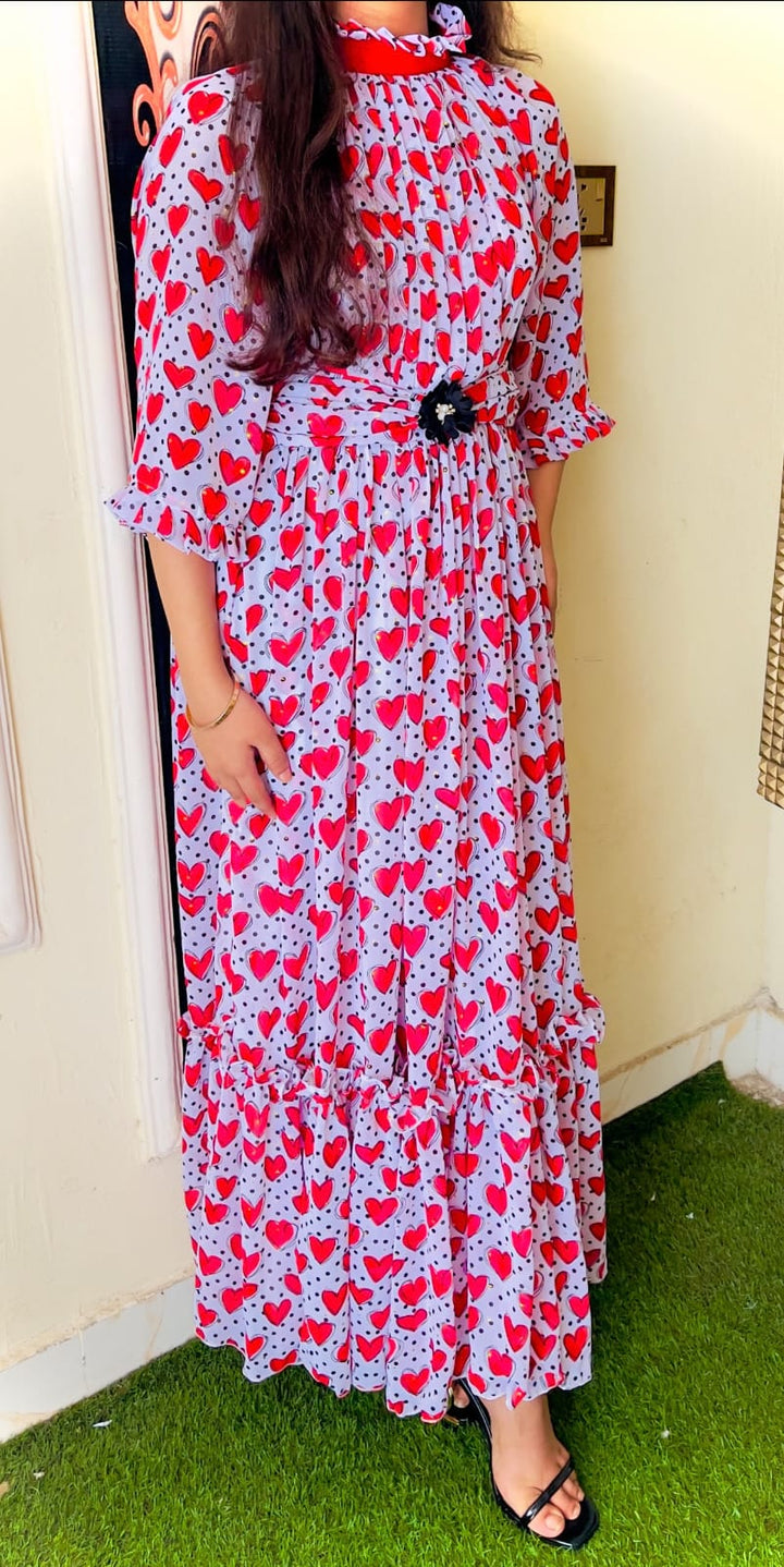 Heart-Print Chiffon Maxi Dress