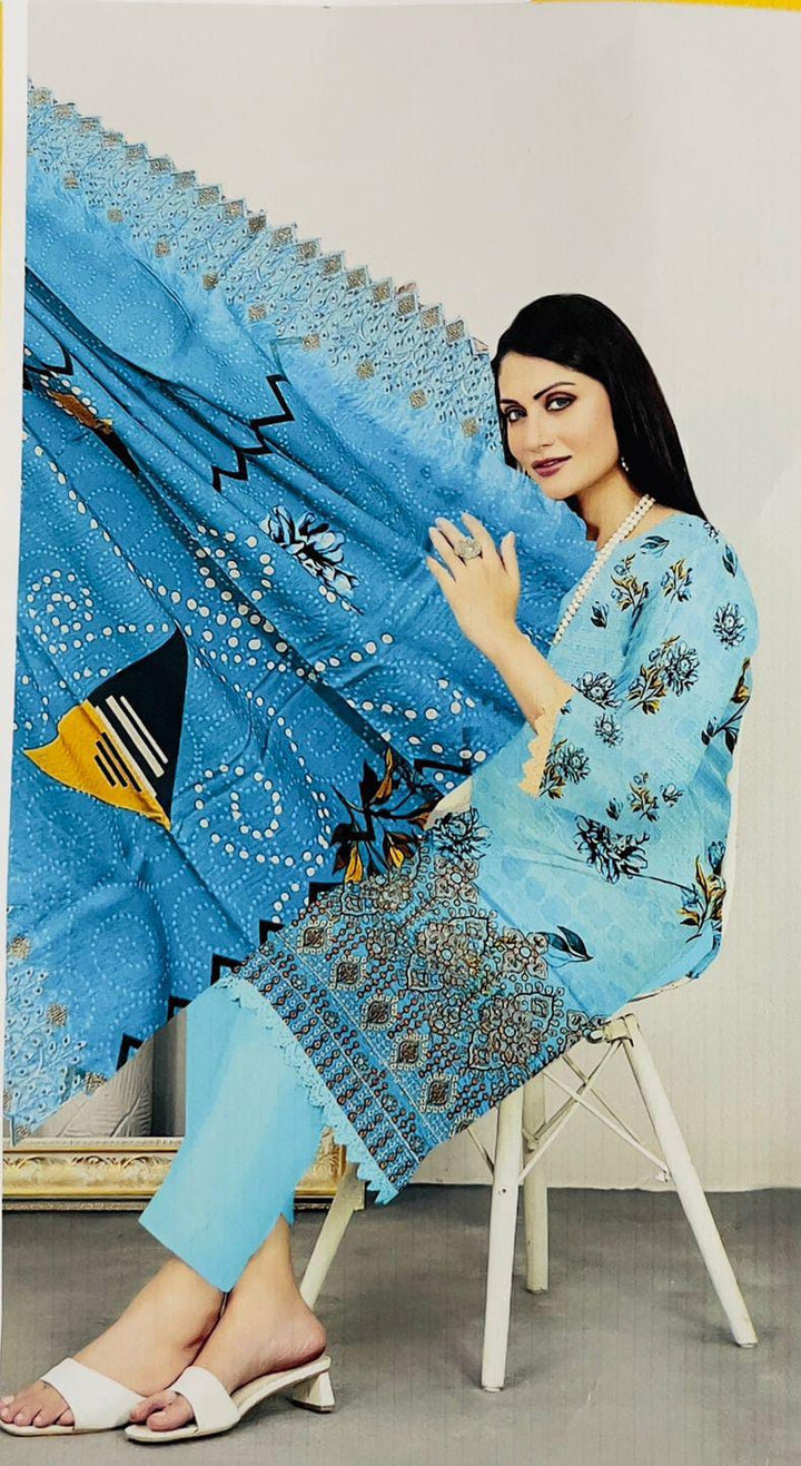 blue printed 3-piece dress set