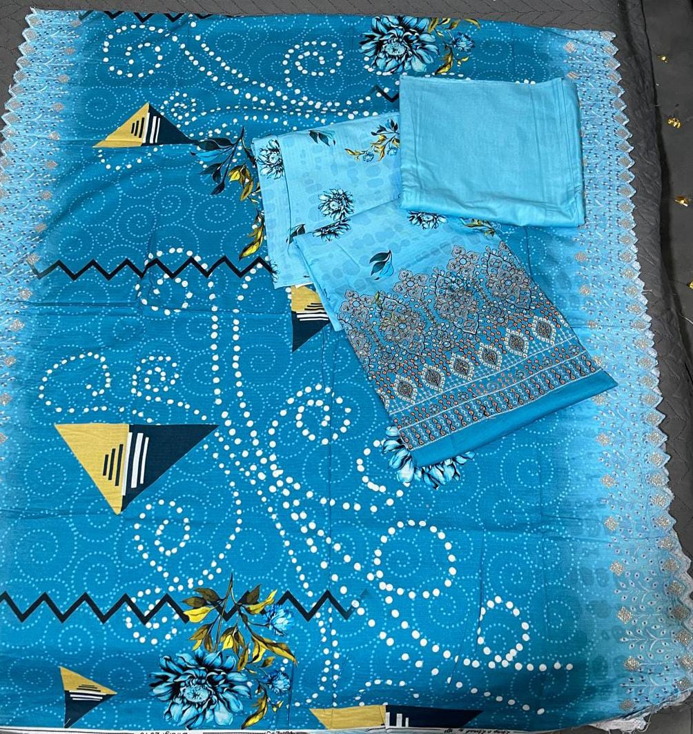 blue printed 3-piece dress set