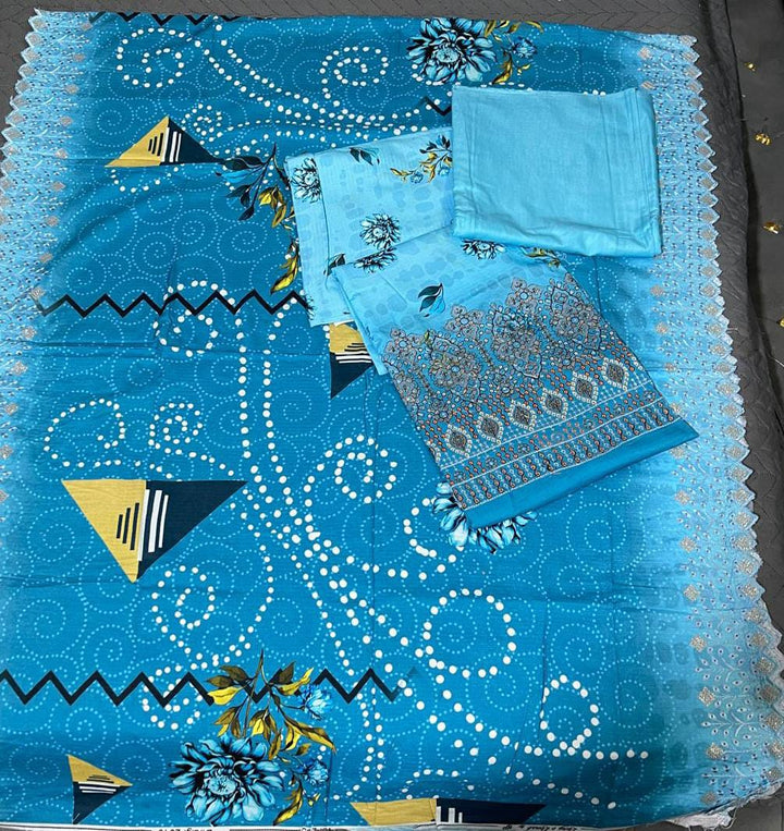 blue printed 3-piece dress set