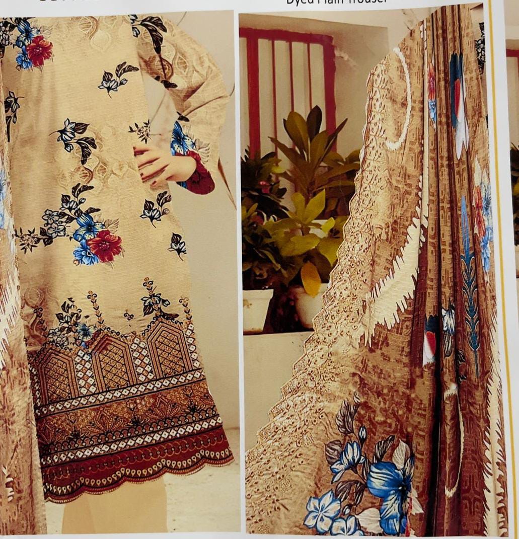 Elegant Beige Floral Printed 3-Piece Dress Set