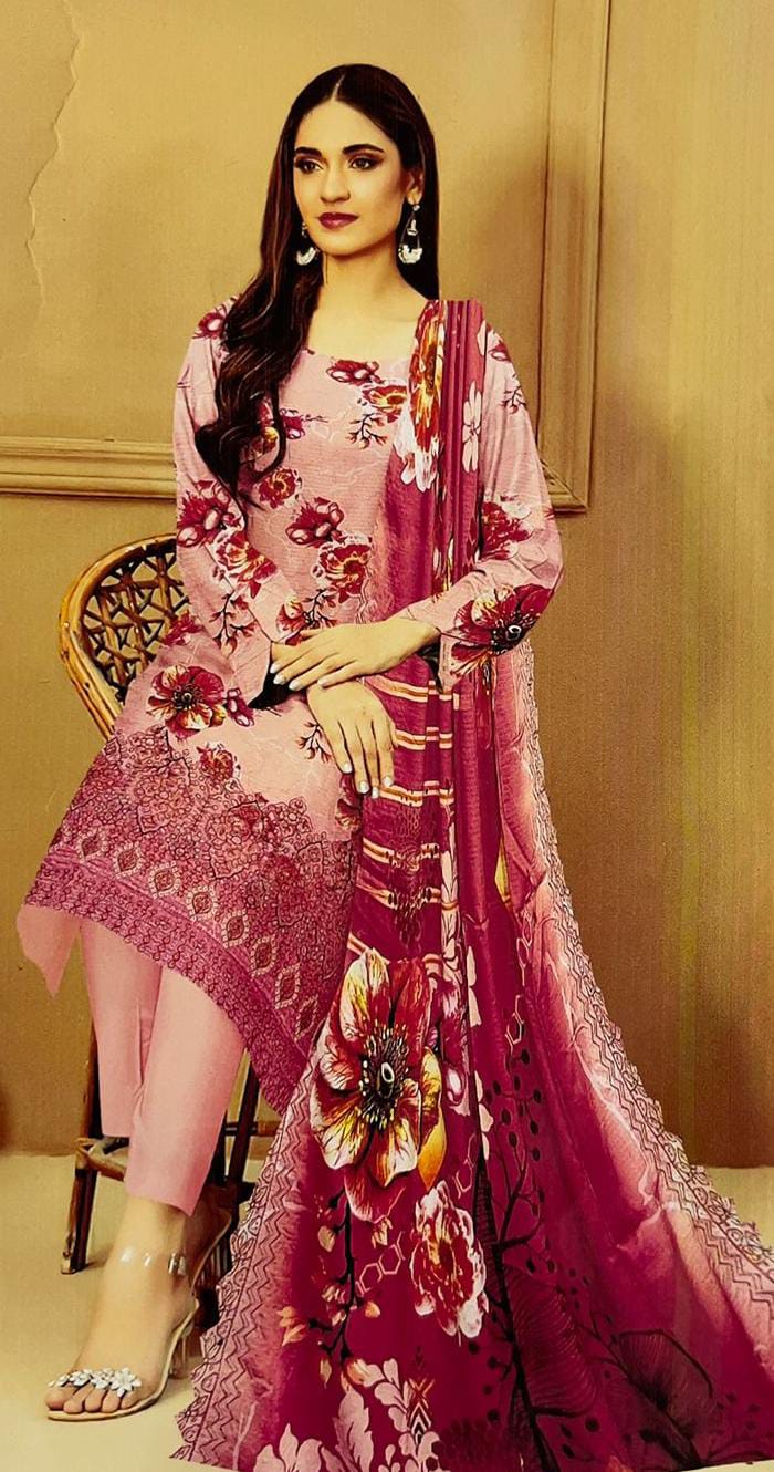 Elegant Rose Pink Floral 3-Piece Dress Set