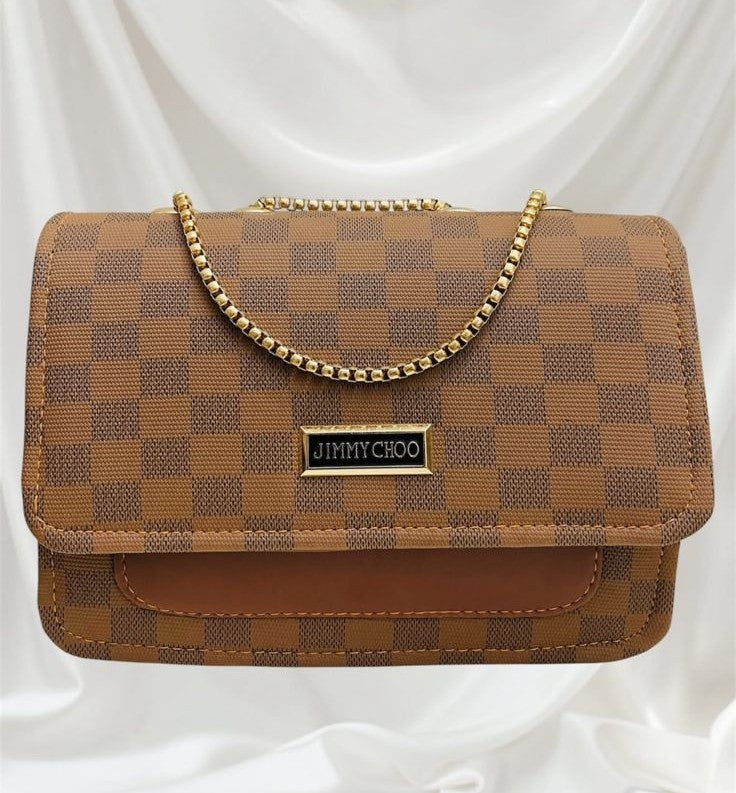 Heritage Mocha – Checkered Chain Crossbody Bag