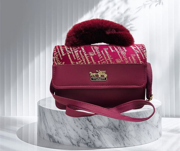 Ruby Muse – Crimson Script Plush Handle Bag