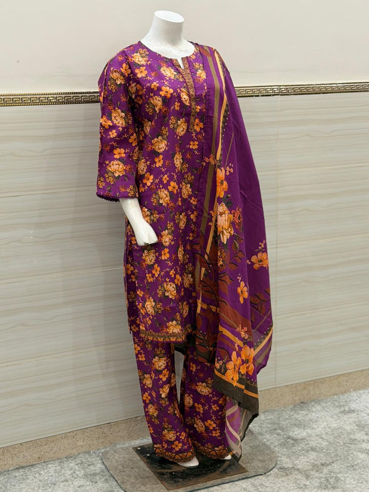 Vibrant Floral 3-Piece Stitched Suit