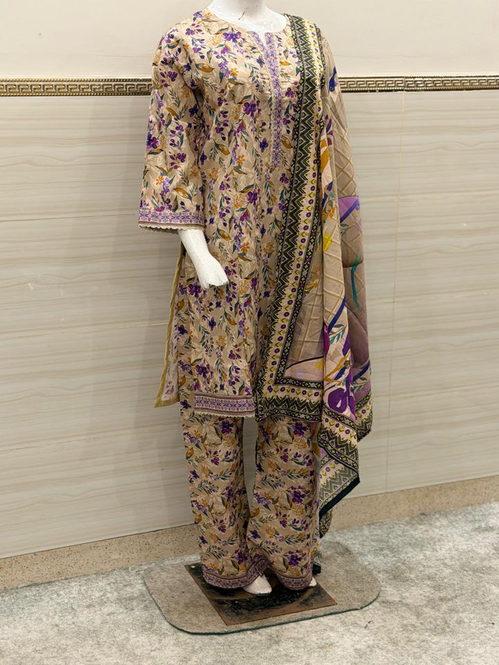 Elegant Floral 3-Piece Stitched Suit