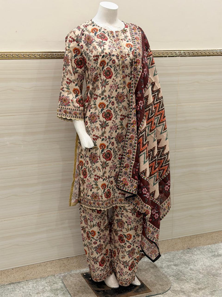 Vintage Rose & Earthy Maroon 3-Piece Stitched Suit