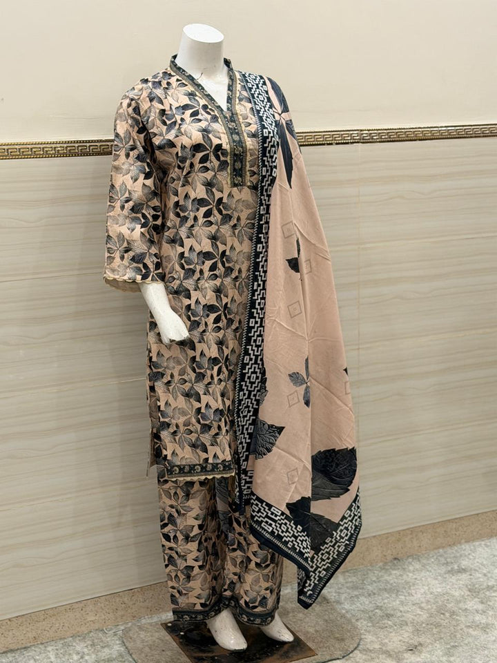 Charcoal Leaf & Soft Blush 3-Piece Stitched Suit