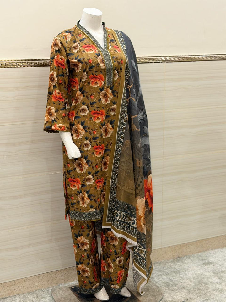 Earthy Olive & Sunset Red 3-Piece Stitched Suit