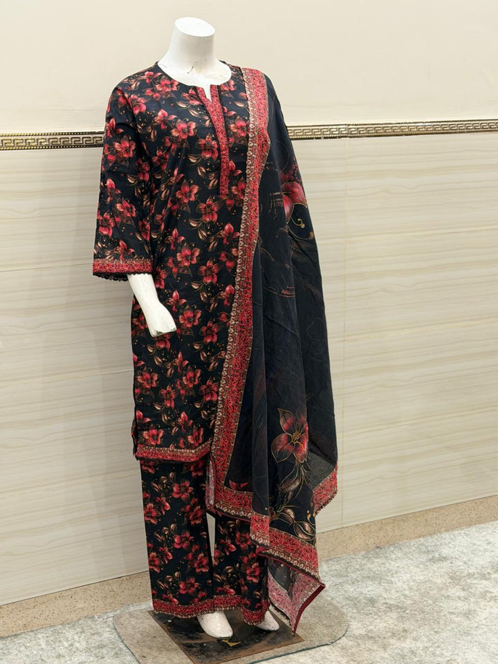 Midnight Onyx & Crimson Blossom 3-Piece Stitched Suit