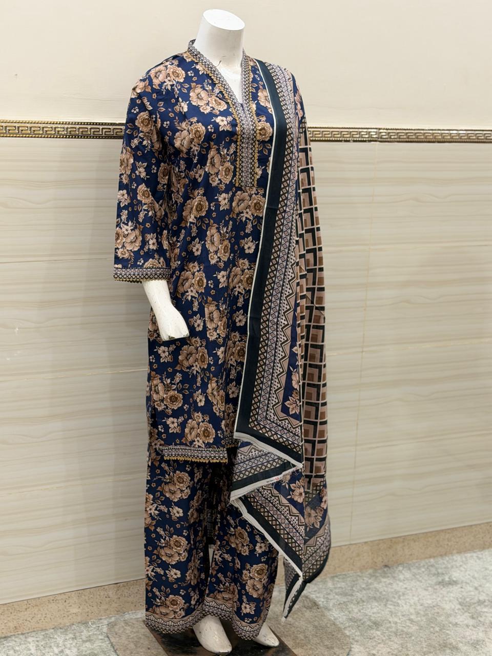 Midnight Charcoal & Golden Amber 3-Piece Stitched Suit