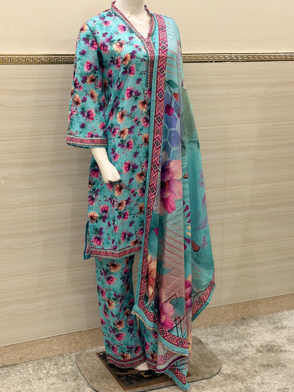 Vibrant Turquoise & Magenta Bloom 3-Piece Stitched Suit