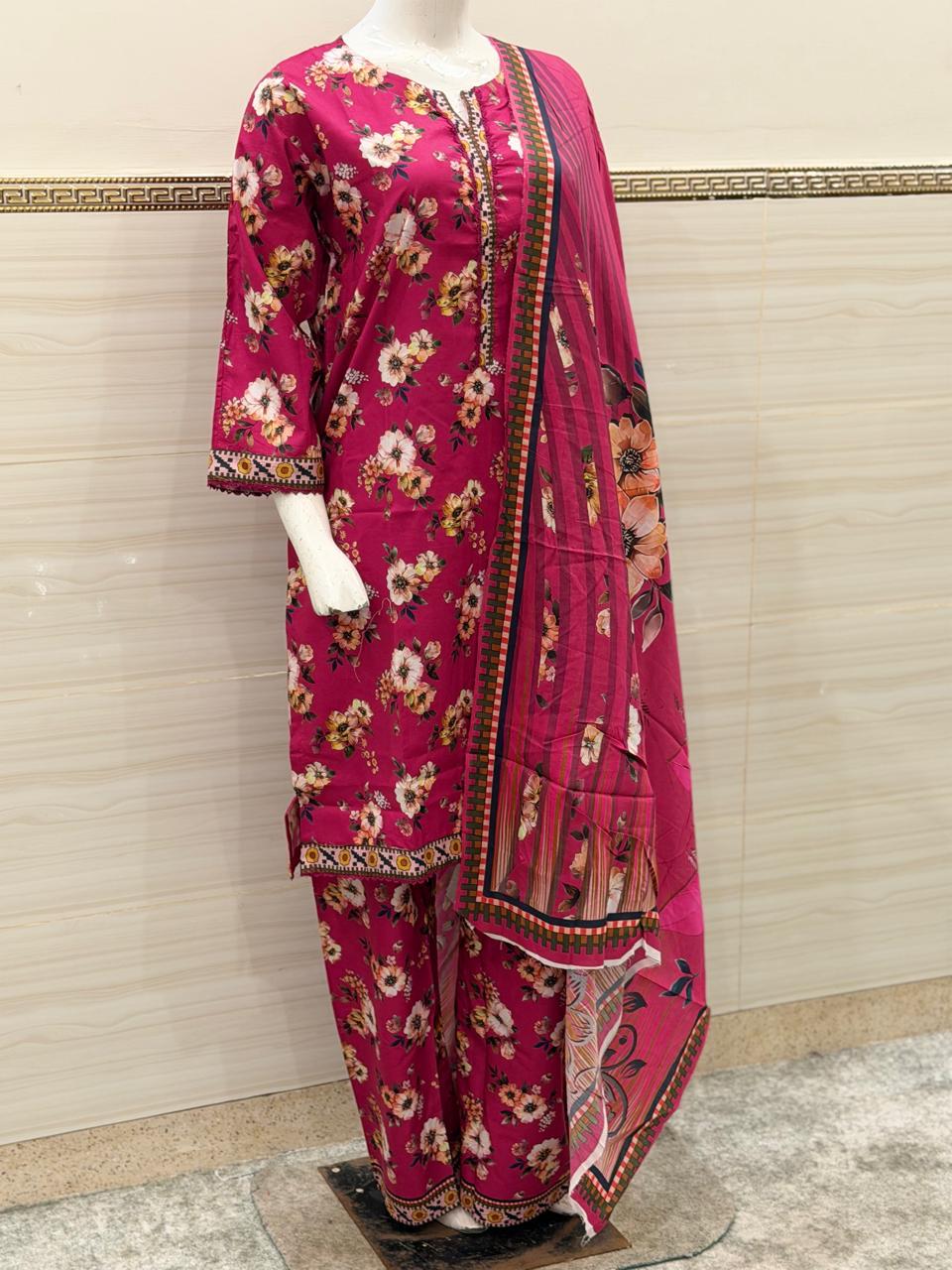 Magnificent Magenta & Ivory Bloom 3-Piece Stitched Suit