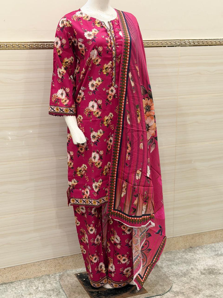 Magnificent Magenta & Ivory Bloom 3-Piece Stitched Suit