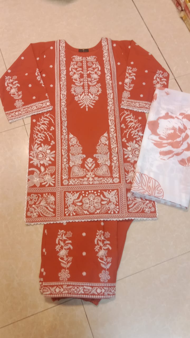 Burnt Terracotta & Ivory Lace 3-Piece Stitched Suit