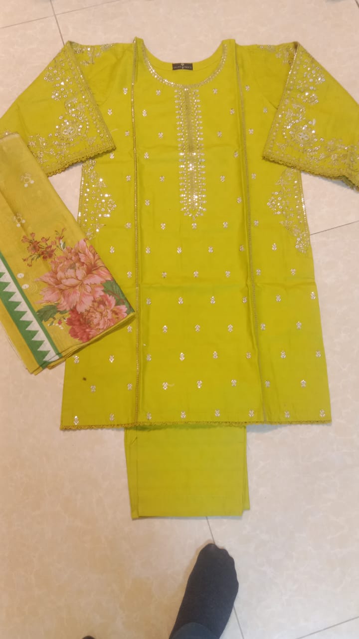 Zesty Lime & Floral Mirror-Work 3-Piece Stitched Suit