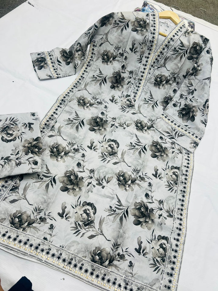 Monochrome Bloom & Eyelet Lace 2-Piece Stitched Suit