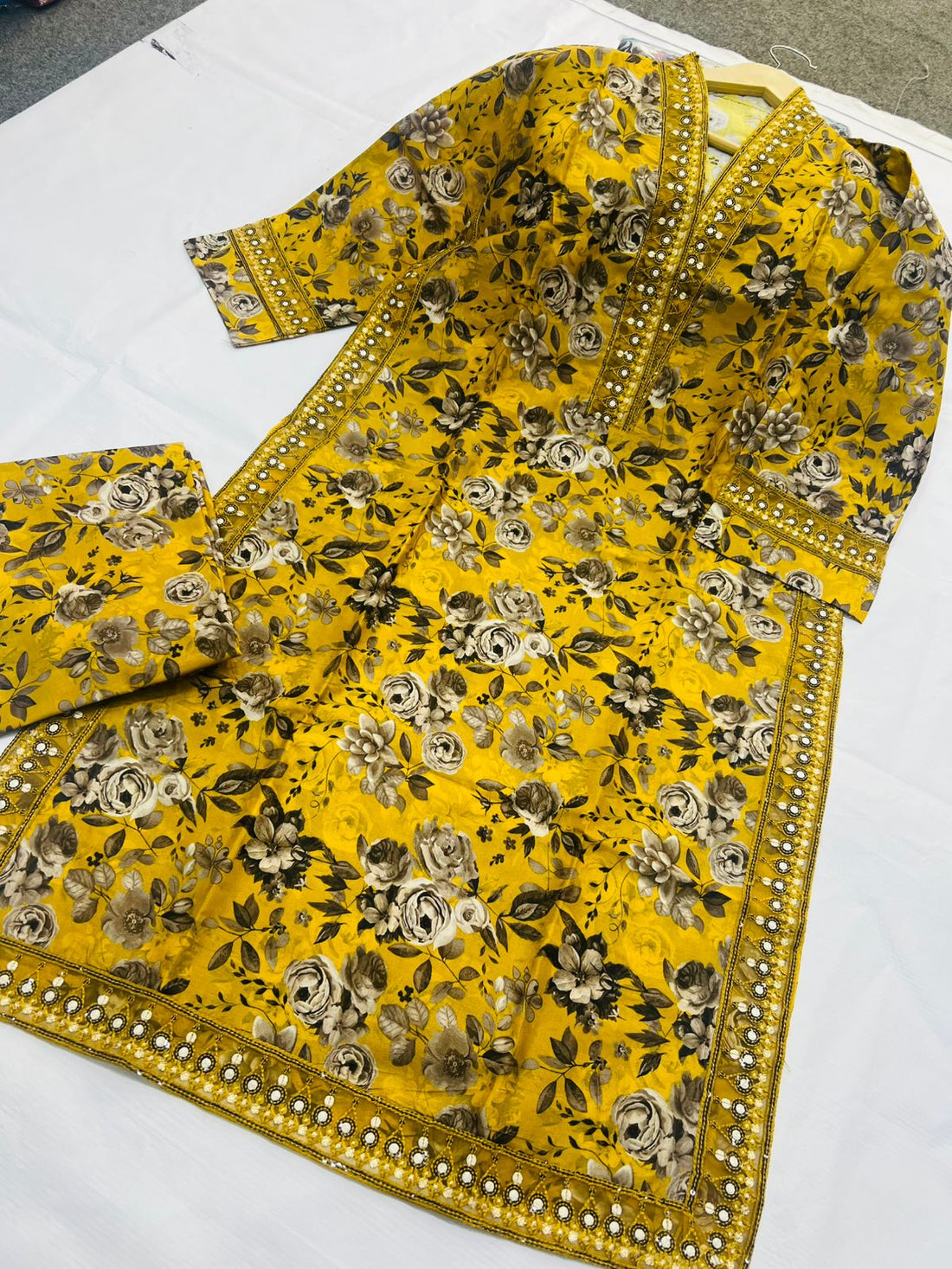 Mustard Charcoal Peony & Mirror-Work 2-Piece Stitched Suit