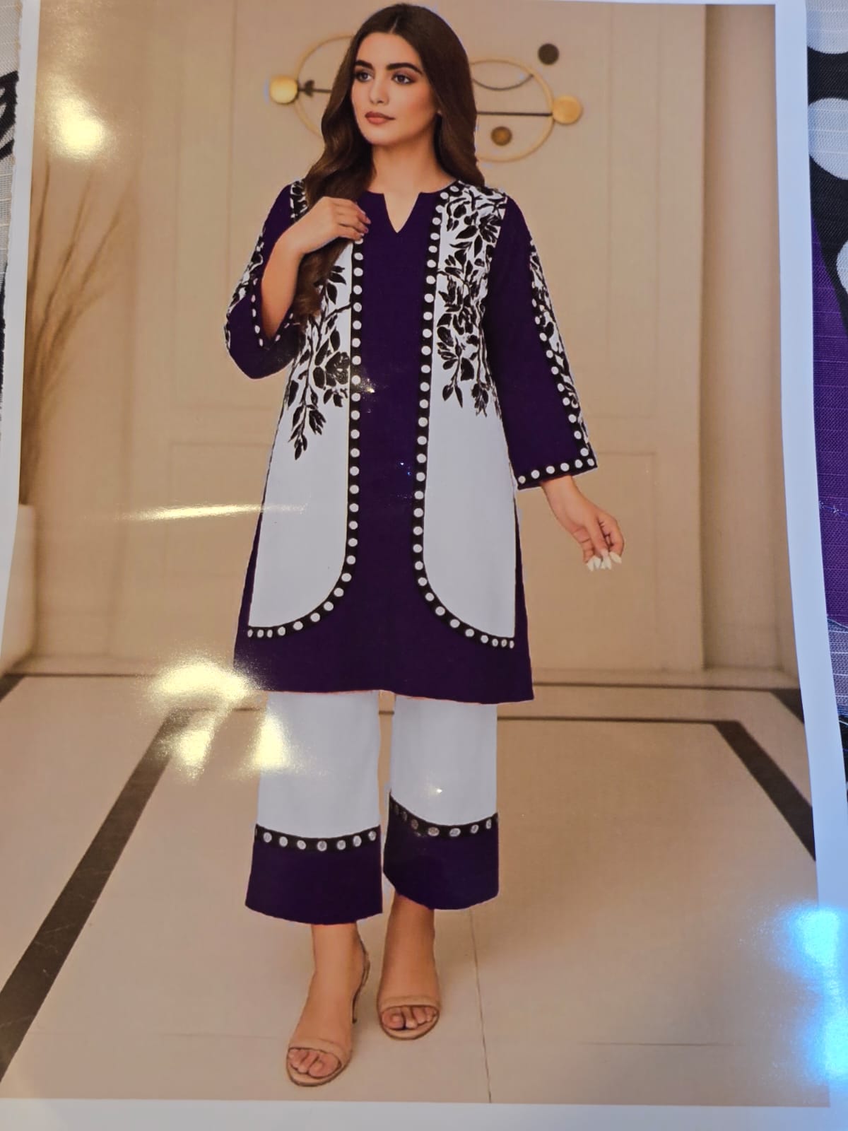Deep Violet & White Contrast Appliqué Kurta Set