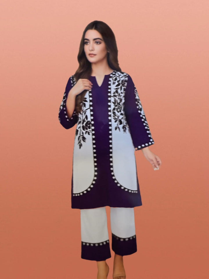 Deep Violet & White Contrast Appliqué Kurta Set
