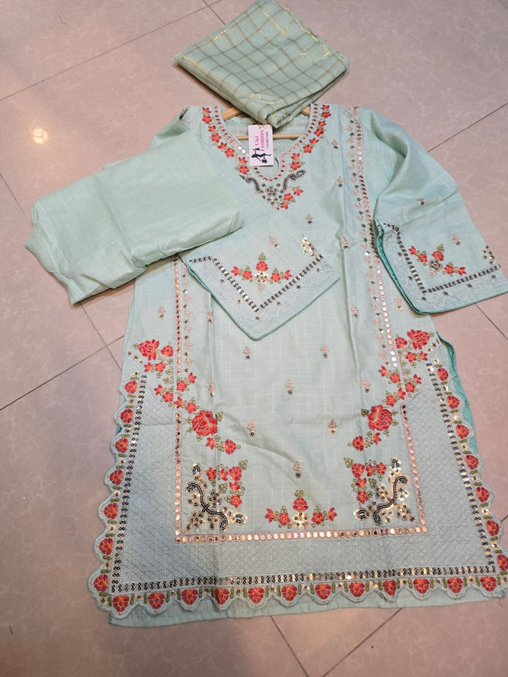 Pastel Mint Embroidered 3-Piece Suit with Mirror Work