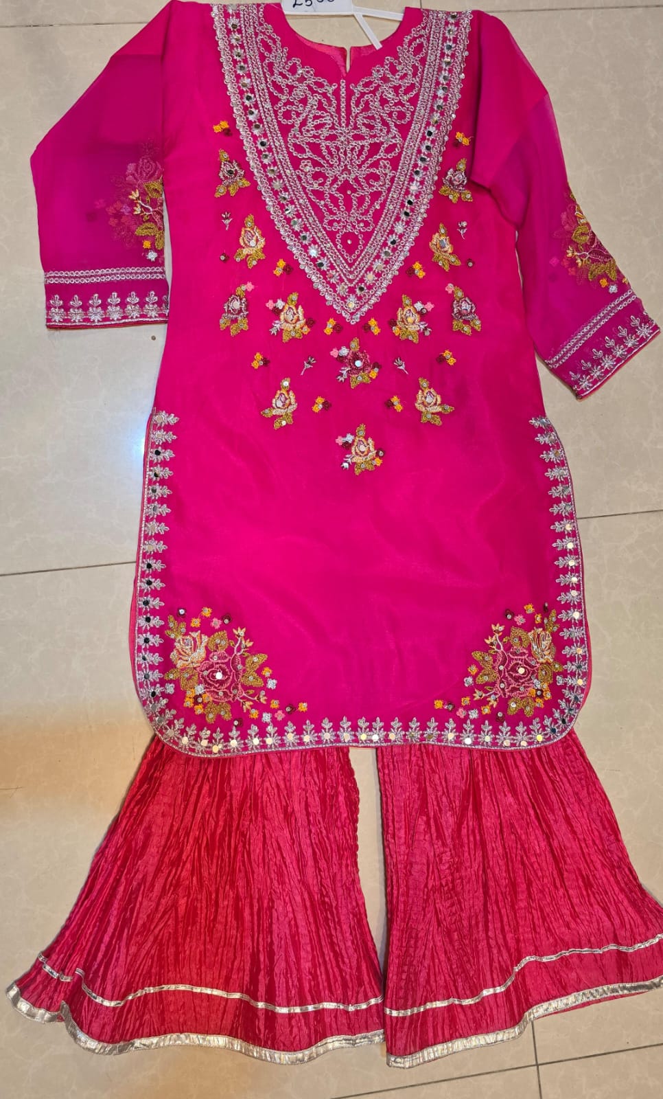 Girls' Fuchsia Pink Embroidered Gharara Set