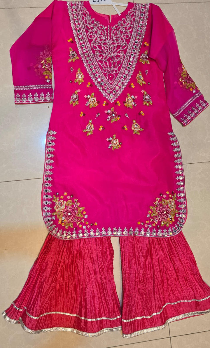 Girls' Fuchsia Pink Embroidered Gharara Set