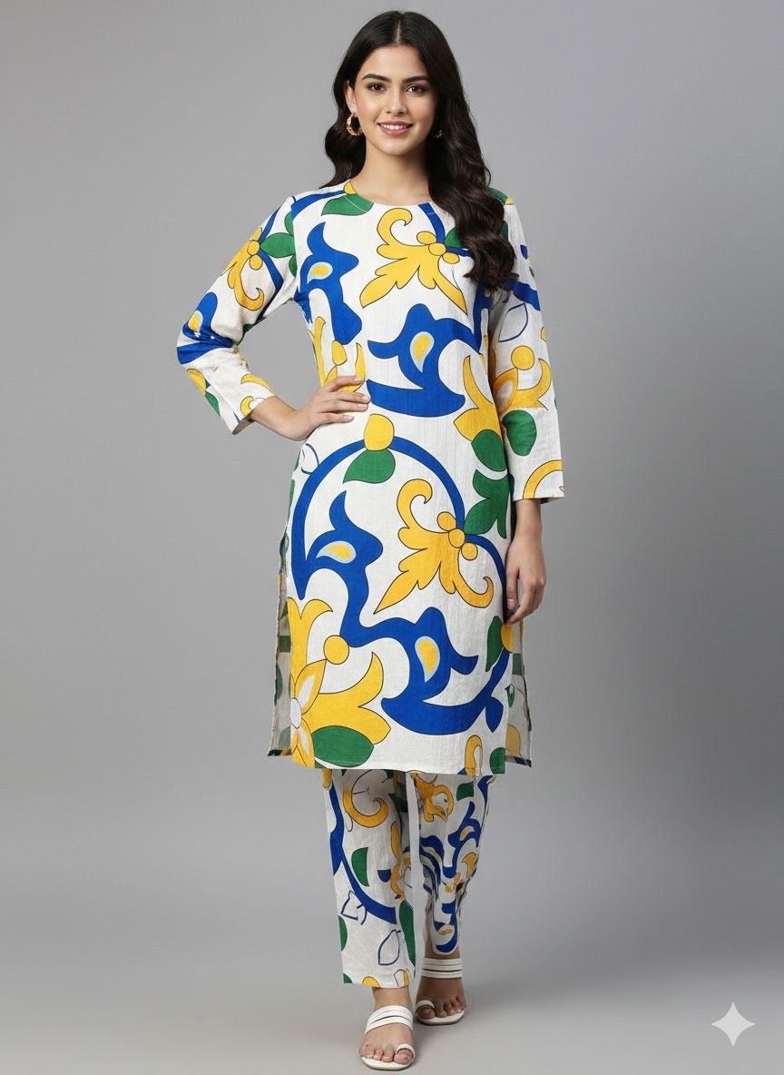 Cobalt & Marigold Arabesque Printed Kurta Set